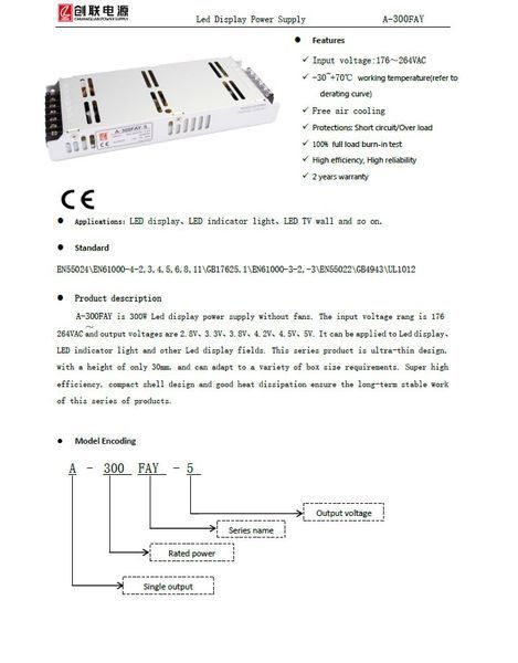 CZCL A-300FAY-5 LED Power Supply 5V 60A 300W, Low Profile, 212&times;82&times;31 mm